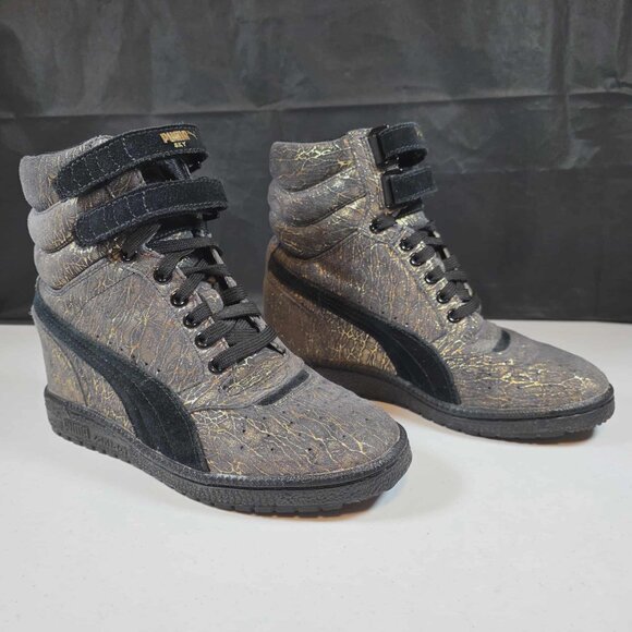 PUMA SKY WEDGE HIGH TOP SNEAKERS SHOES GOLD GRAY IRIDESCENT WOMENS SIZE 7 - Picture 4 of 7